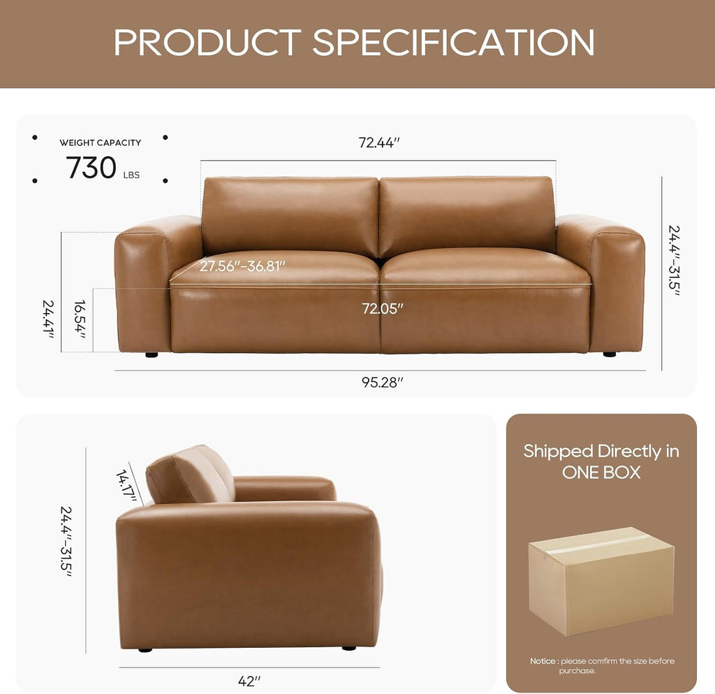 COLAMY 95' Oversized PU Leather Sofa, Comfy Sofa Couch with Extra Deep Seats, Wide Arm, Down Filled 3-Seater Sofa for Living Room, Apartment Lounge-Light Brown