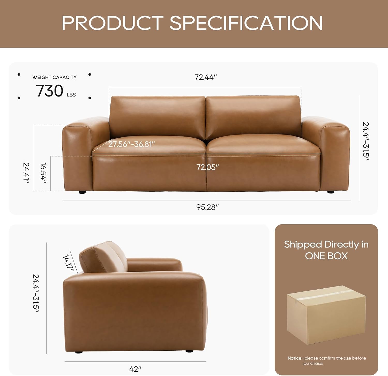 COLAMY 95' Oversized PU Leather Sofa, Comfy Sofa Couch with Extra Deep Seats, Wide Arm, Down Filled 3-Seater Sofa for Living Room, Apartment Lounge-Light Brown