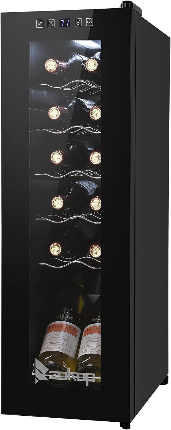 ROVSUN 10''W Small Wine Fridge with Compressor, 12 Bottles Freestanding Wine Cooler Refrigerator with Touch Panel Control and Glass Door, Wine Cellar for Red, White, Champagne or Sparkling, 41-64°F
