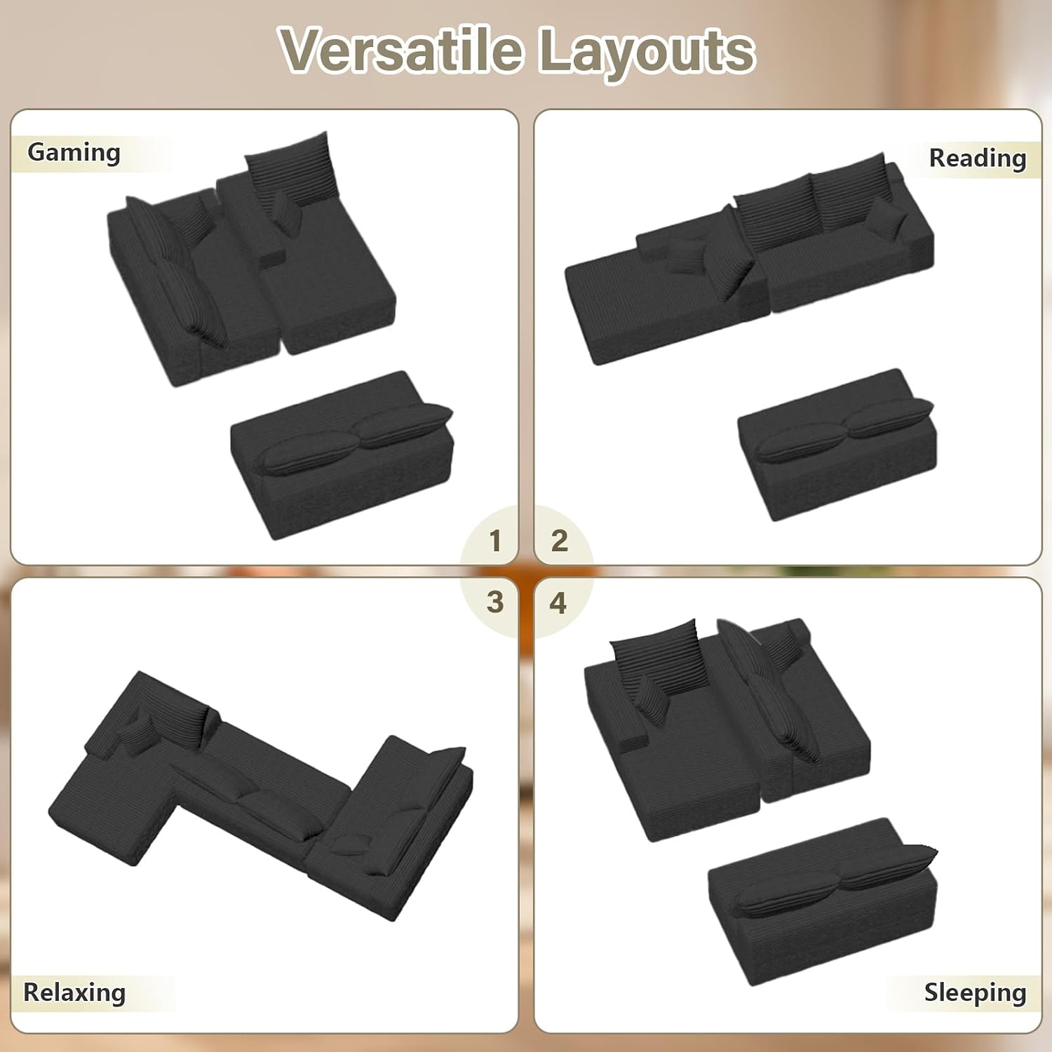 166.9' Cloud Sectional Couch with L-Shape Chaise, Modern Modular Comfy Sofa Chaise Longue, Upholstered Corduroy Couches Sleeper with Deep Seat for Living Room Bedroom, No Assembly Required, Black