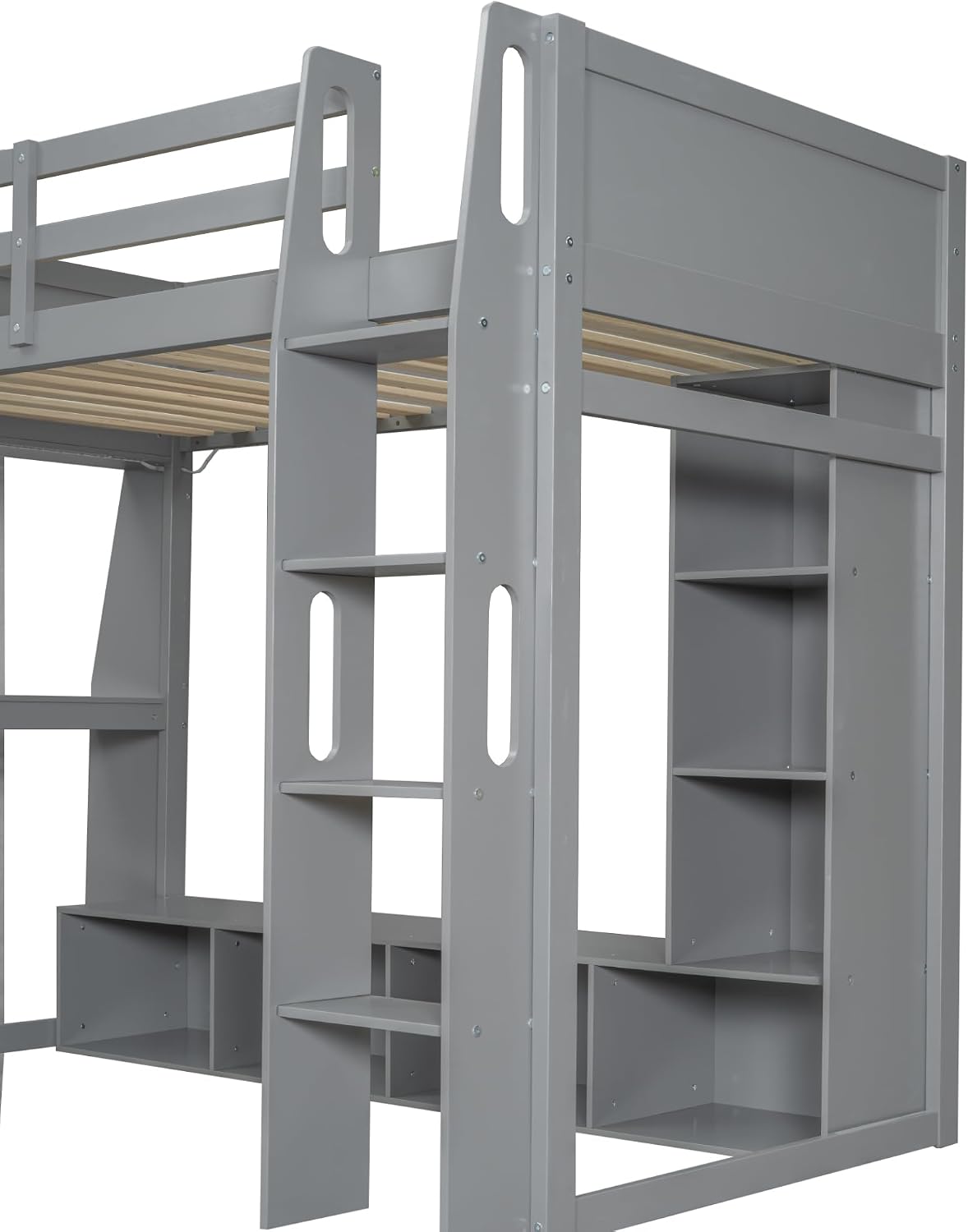 Solid Wood Gaming Loft Bed Twin Size with Desk & Shelves & Hanging Rack & LED,Esports Design for PC & Console Gamers,Space Saving Loft Bed Frame with Guardrails & Ladder,No Box Spring Needed,Gray