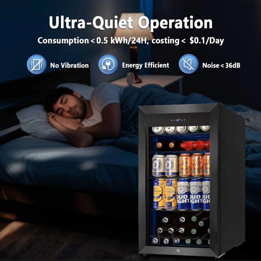 Tylza Beverage Refrigerator Cooler, 130 Cans 3.22 Cu.Ft Small Refrigerator with Low-E Glass Door, Lock, 17-Inch Beer Fridge for Drinks, Beer and Wine, Mini Fridge for Bedroom, Office and Bar, Black