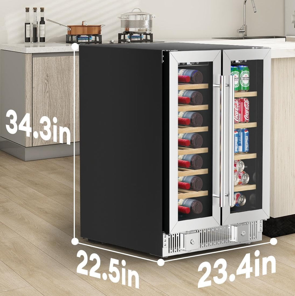 TABU Wine and Beverage Refrigerator, 24 Inch Dual Zone Wine Cooler with Glass Door&Lock, Built-in or Freestanding Beverage Fridge Hold 21 Bottles and 88 Cans