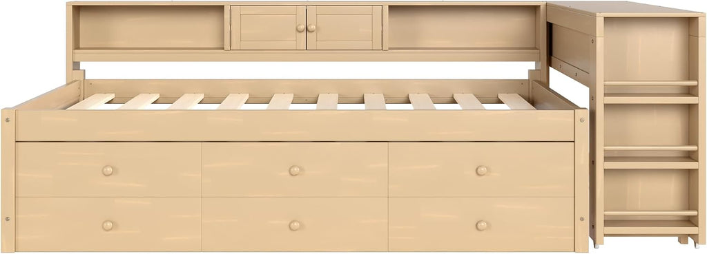 SOFTSEA Twin Size Corner Bed with Trundle & Storage Drawers, Wood Daybed with Desk and Bookcase Headboard, Twin Corner Daybed with Storage Shelves for Kids Teens Adults, Golden