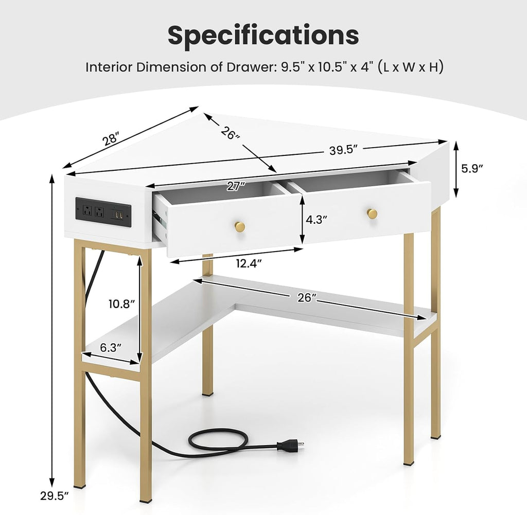 Tangkula White Corner Desk with 2 Drawers & Built-in Charging Station, 90 Degrees Triangle Computer Desk for Small Space, Bedroom Makeup Vanity Desk with Shelves, Corner Writing Desk