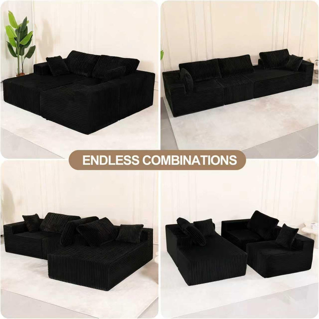 L Shaped Modular Boneless Sectional Couches for Living Room, Wide Armrest, Deep Seat, Memory Foam, Assembly Free, Modern Comfy Corduroy Fluffy Cloud Sofa with Left Chaise, Black