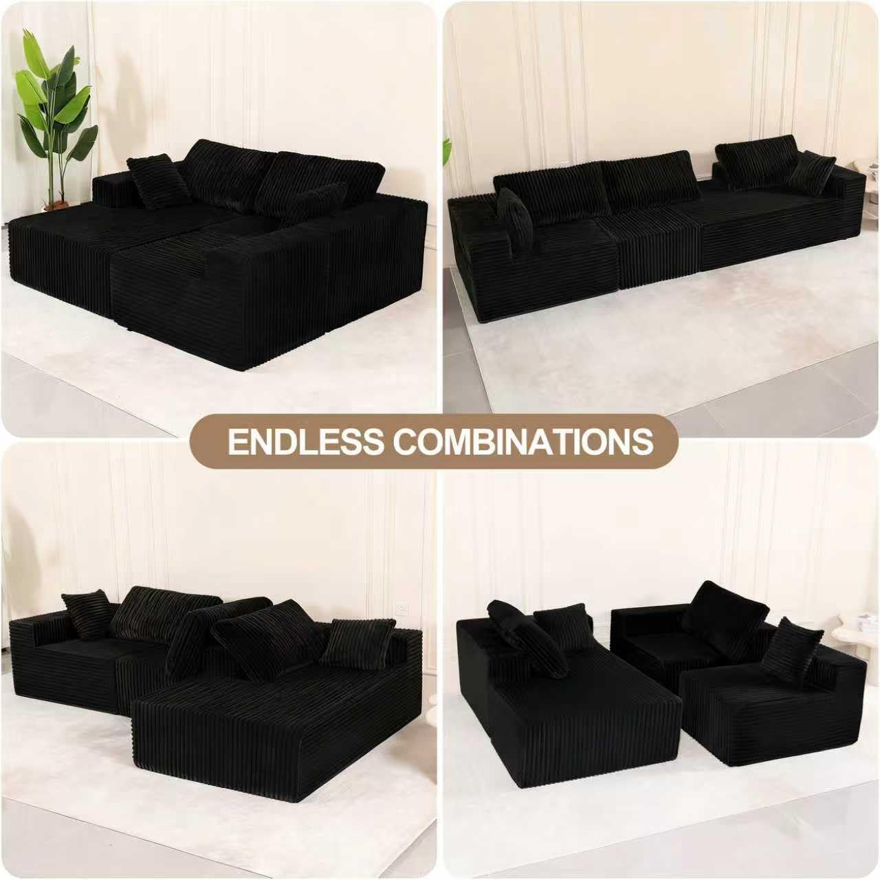 L Shaped Modular Boneless Sectional Couches for Living Room, Wide Armrest, Deep Seat, Memory Foam, Assembly Free, Modern Comfy Corduroy Fluffy Cloud Sofa with Left Chaise, Black