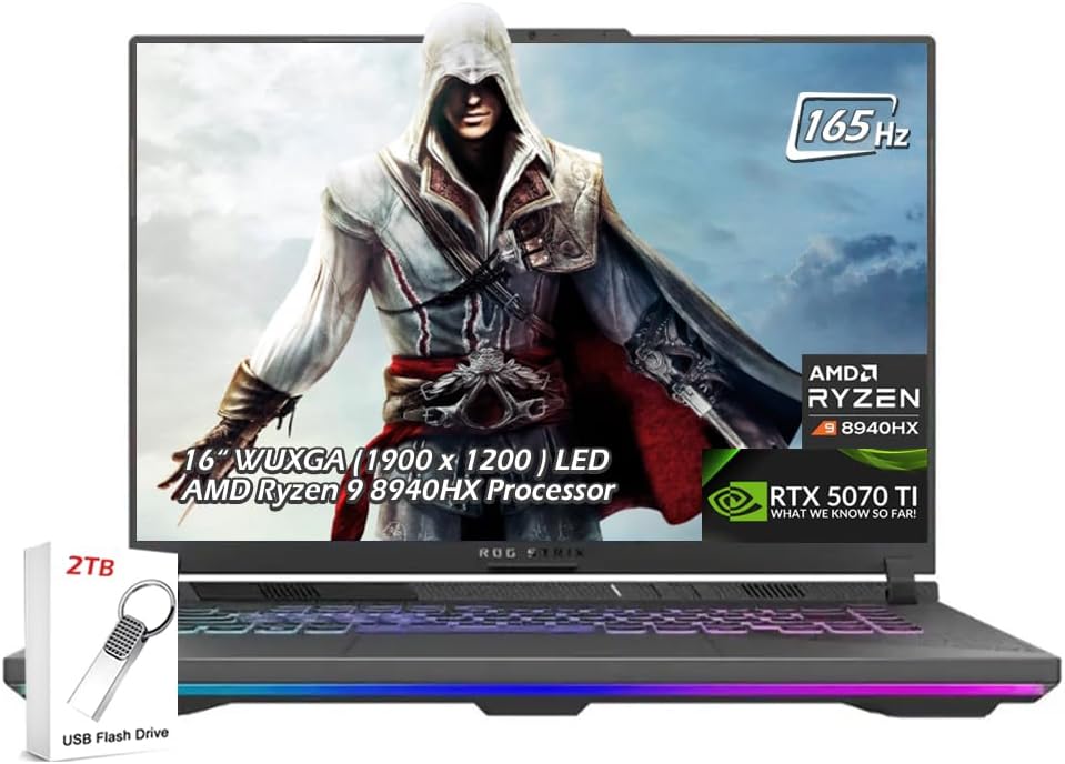 ASUS ROG Strix G16 16' WUXGA LED IPS 165Hz 300nits Gaming Laptop AMD Ryzen 9 8940HX NVIDIA RTX 5070 Ti 12GB 16GB DDR5-5600 RAM 1TB SSD Wi-Fi6E Backlit KB Win11 Eclipse Gray w/2TB USB Drive, W/GaLiMu