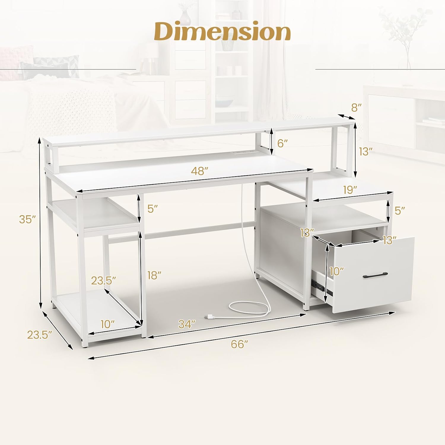 Giantex Computer Desk with Drawer, 66 Inch Computer Workstation with Charging Station, Monitor Stand, Printer Cabinet, CPU Stand & File Drawer, Gaming Table Writing Desk for Bedroom, White