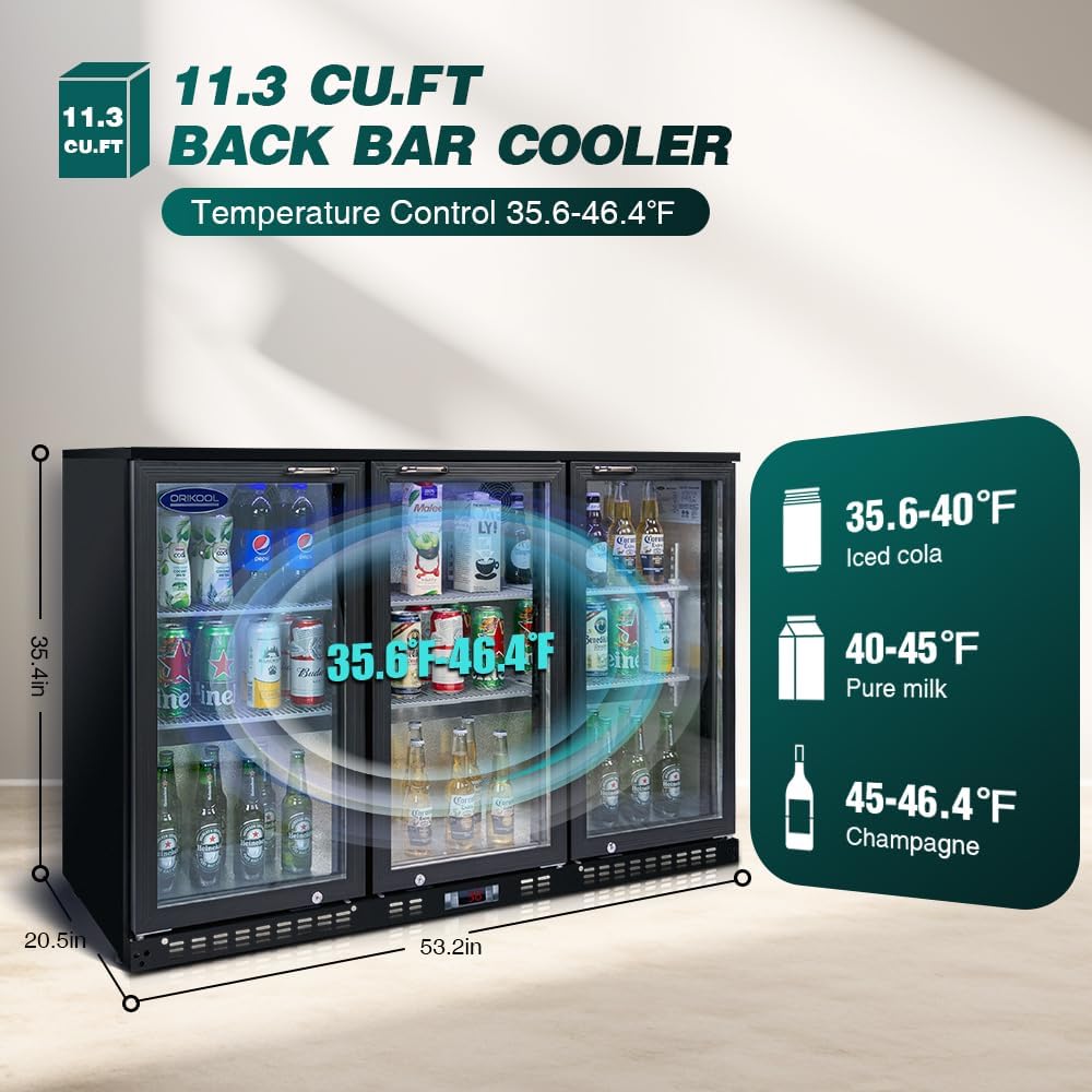 Back Bar Cooler - 480 Can Capacity Beverage Refrigerators, 3 Hinged Glass Doors, LED Lighting, Adjustable Shelves, Safety Door Lock, Perfect for Bars, Restaurants & Home