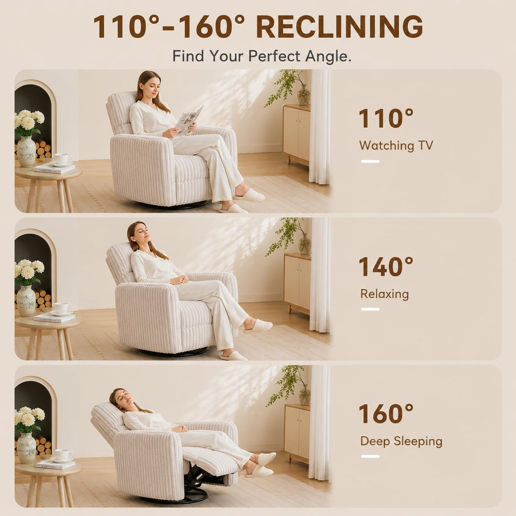Power Nursery Rocking Chair Swivel Glider Reclining Chair with 2 Pillows, Nursery Glider Rocking Recliner with Type-C & USB Charger Port, Corduroy Upholstery Armchair for Living Room/ Off-White