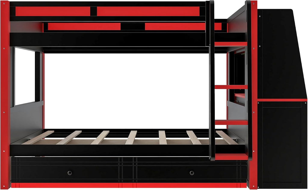 Full Size Multifunctional Bunk Bed with LED Light, Desk and Bookshelves, Drawers, Space-Saving Wooden Bunk Bed for Kids & Teens