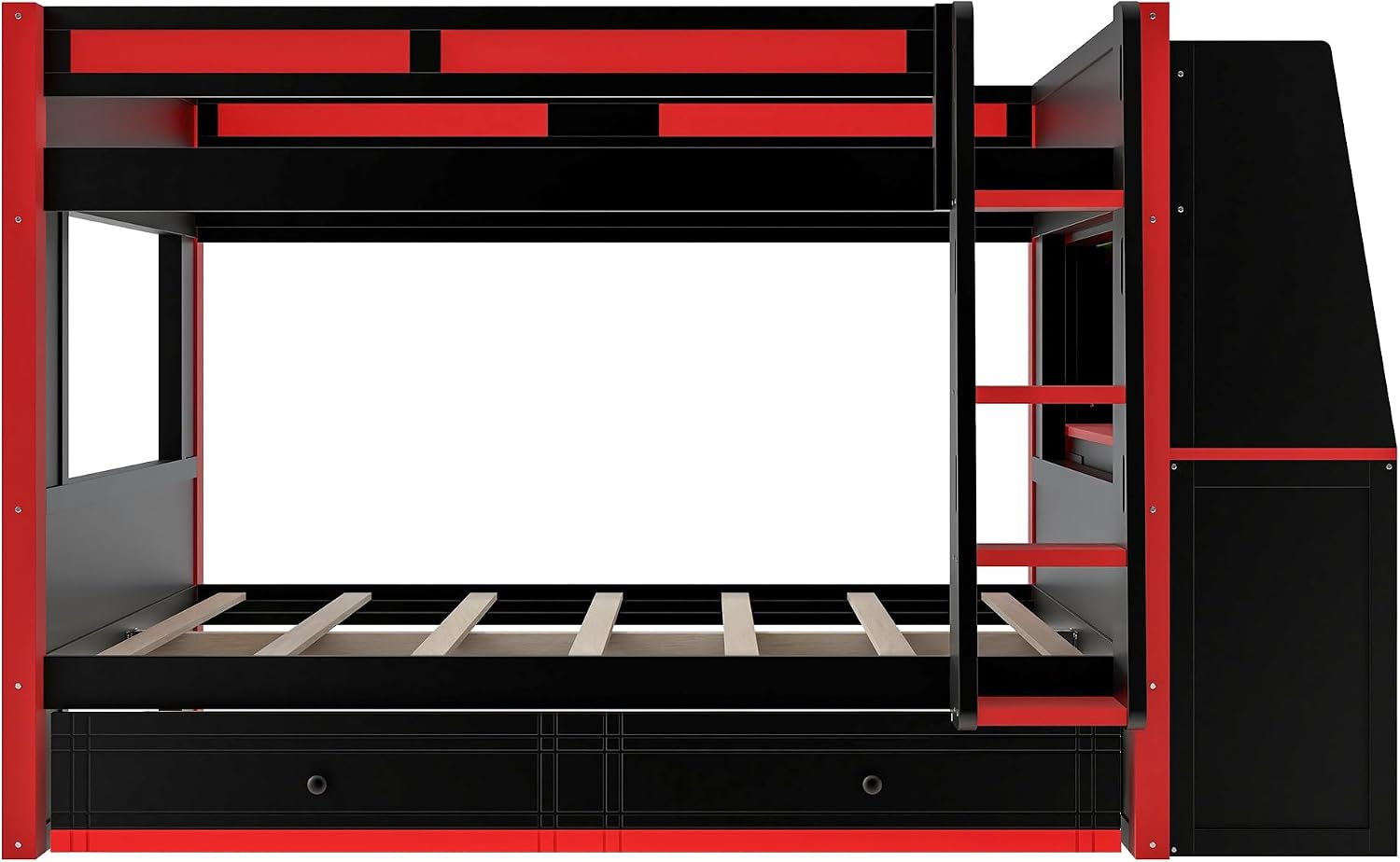 Full Size Multifunctional Bunk Bed with LED Light, Desk and Bookshelves, Drawers, Space-Saving Wooden Bunk Bed for Kids & Teens