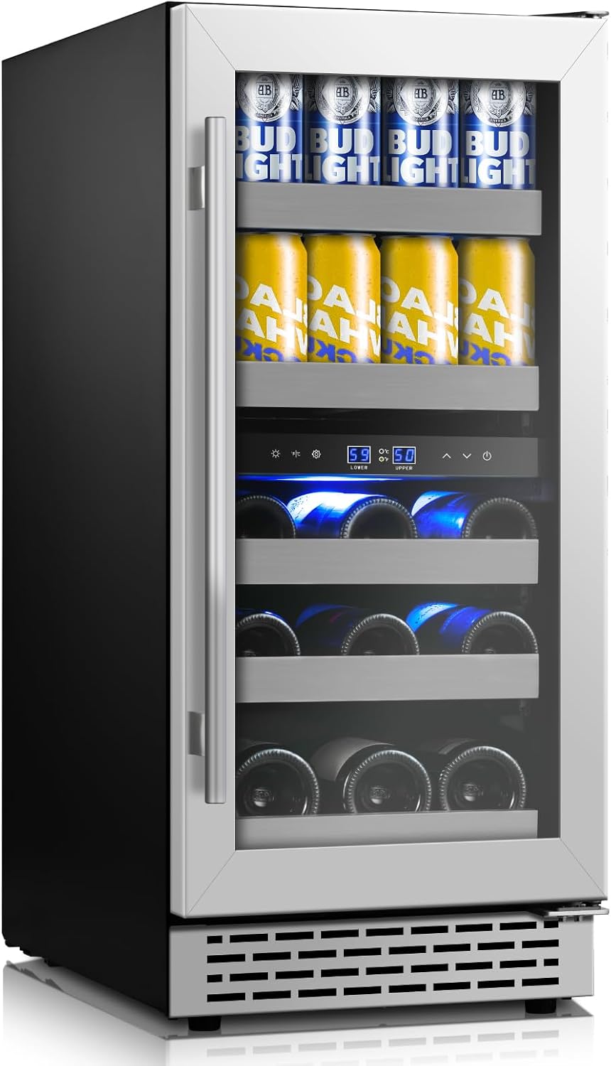15 Inch Wine and Beverage Refrigerator,13 Bottle & 48 Cans Dual Zone Beverage Fridge with Reversible Glass Door,Freestanding/Under Counter Wine Fridge with 360 Air Cooling for Home Bar Office