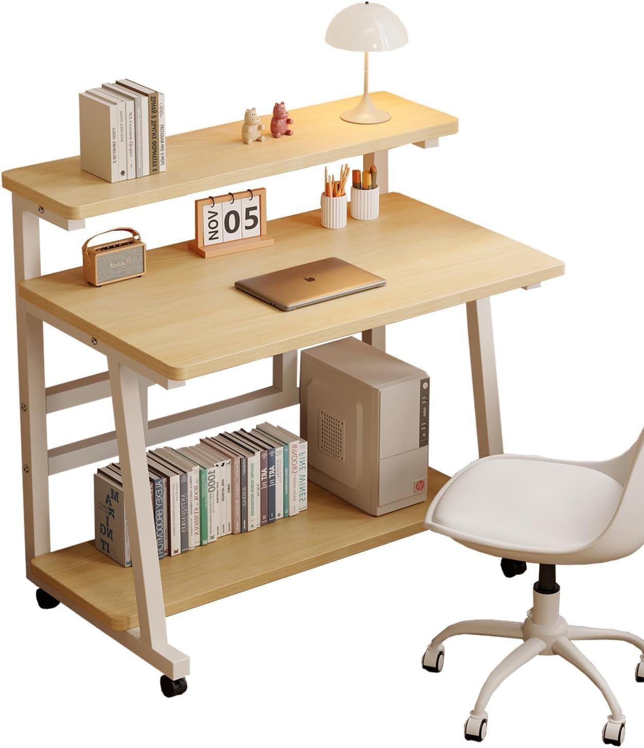 31.5 Inch Office Desk, Rolling Small Computer Desk with Monitor Stand and Storage Shelves, Small Desk for Bedroom & Home Office,Portable writing desk on Wheels for Small Spaces