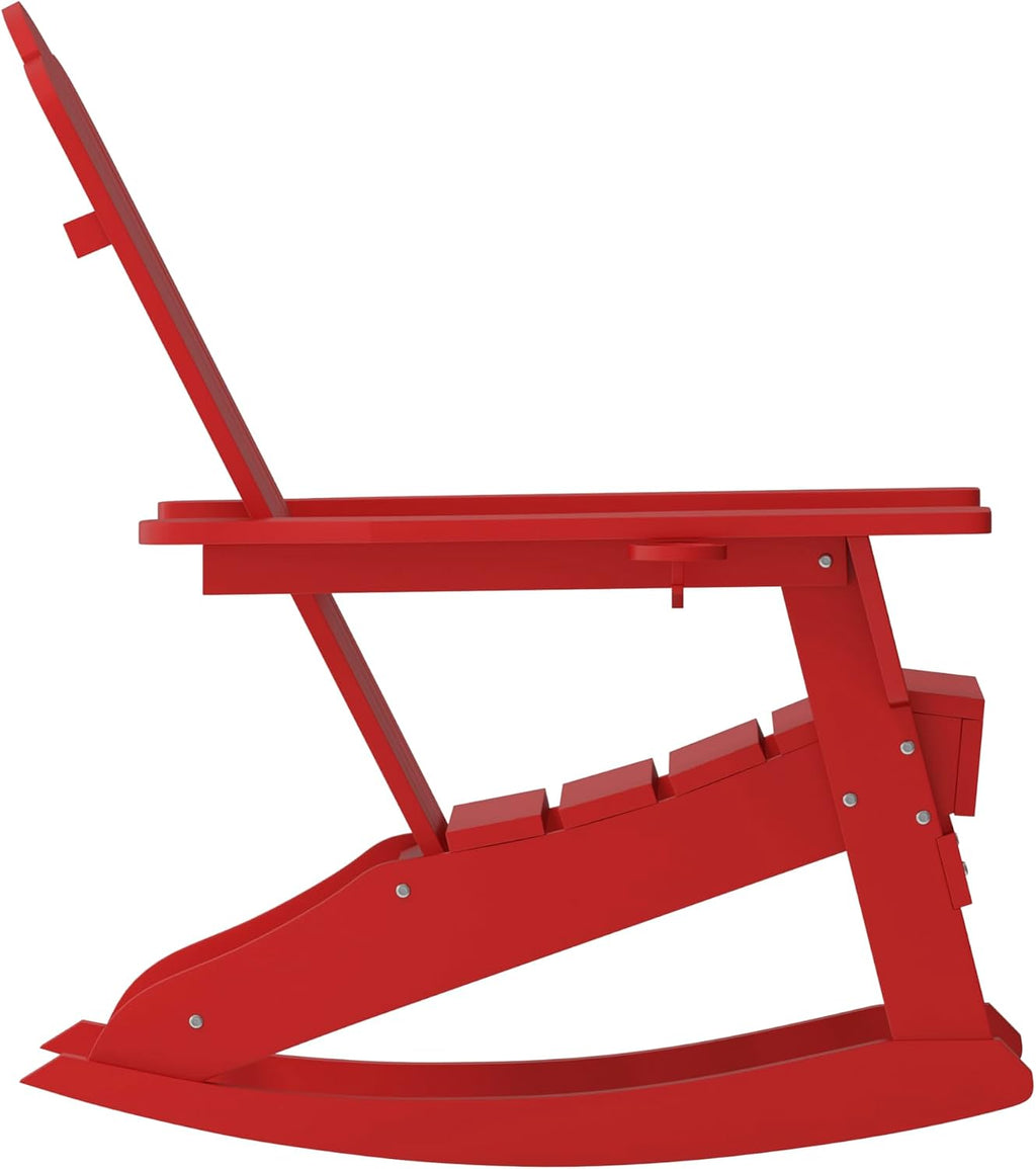 EMMA + OLIVER Tiverton Adirondack Rocking Chair with Cup Holder, Weather Resistant Poly Resin Adirondack Rocking Chair, Red