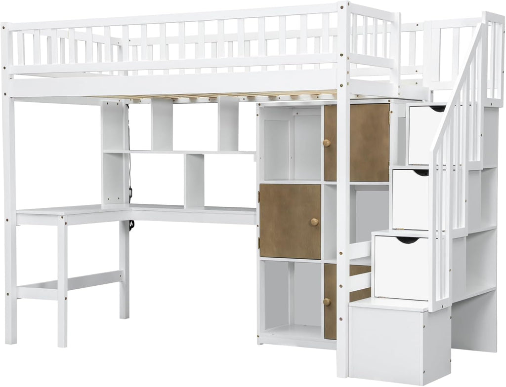 MERITLINE Twin Loft Bed with L-Shaped Desk and Storage Stairs &LED Lights, Solid Wood High Loft Bed with Stairs and Storage Shelves &Cabinets for Teens Adults,Bedroom, Dormitory (White)