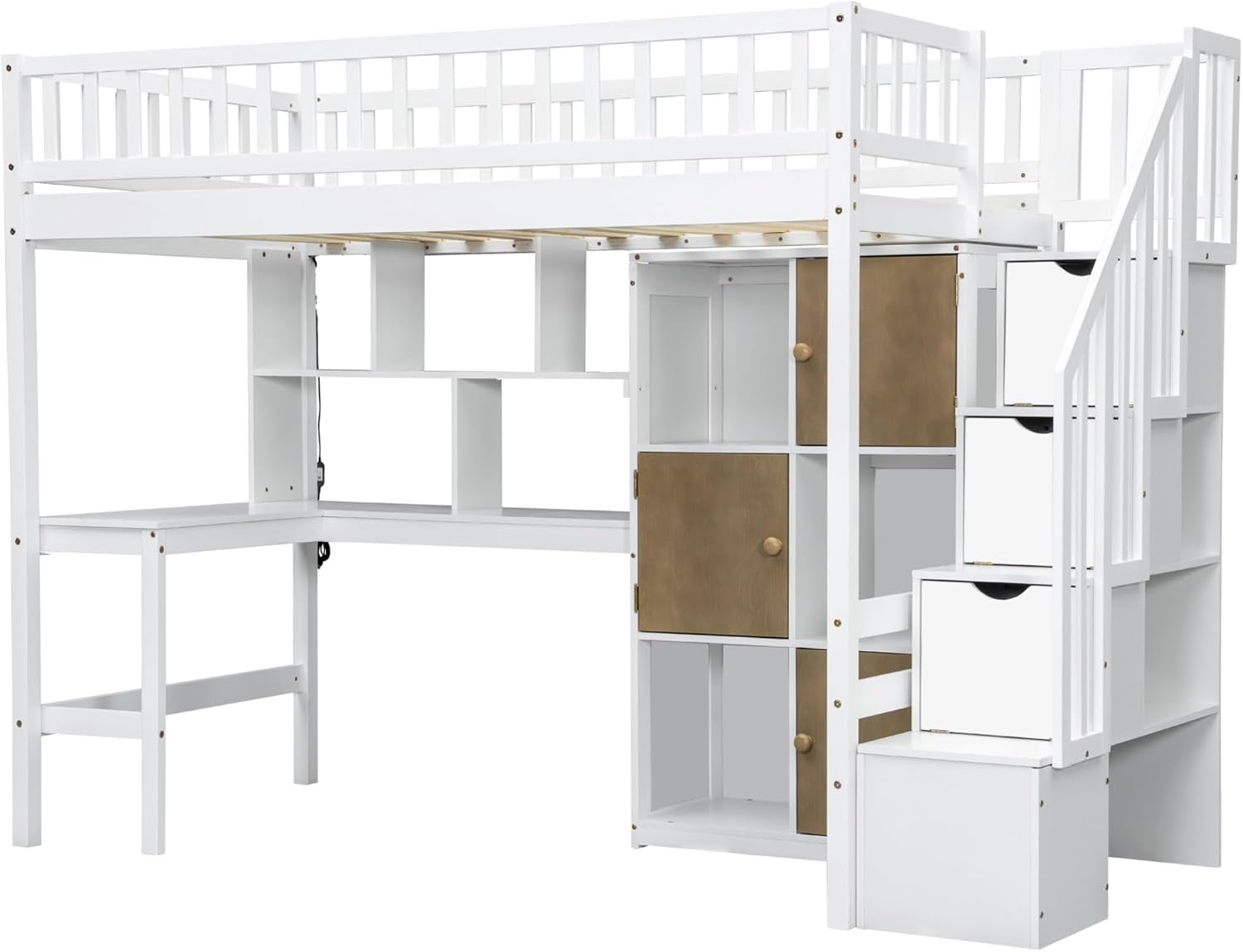 MERITLINE Twin Loft Bed with L-Shaped Desk and Storage Stairs &LED Lights, Solid Wood High Loft Bed with Stairs and Storage Shelves &Cabinets for Teens Adults,Bedroom, Dormitory (White)