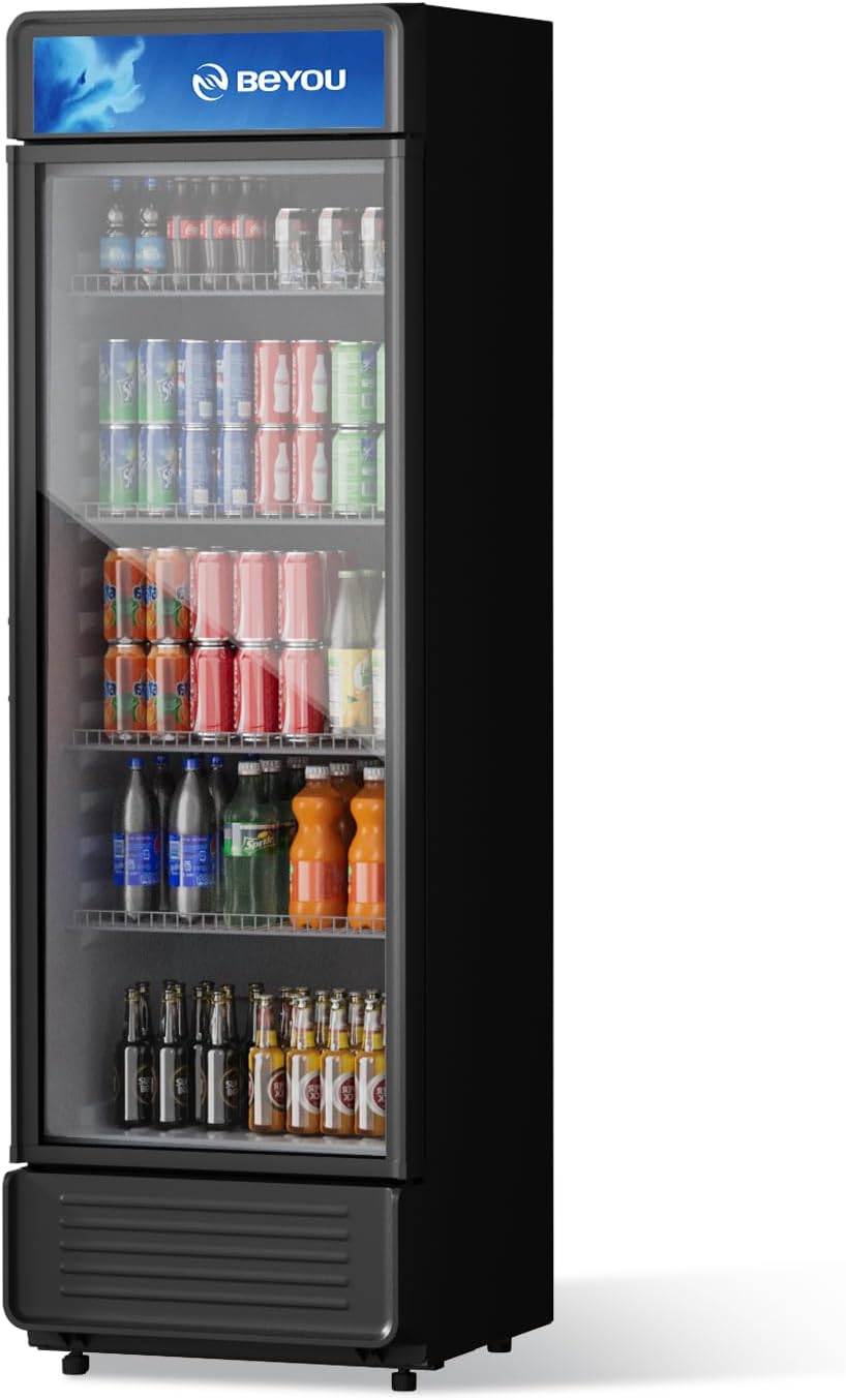 BEYOU Display Merchandiser Refrigerator, 13.3 cu. Ft Commercial Upright Beverage Fridge with single Glass Door, Drink Cooler for Living Room,Bar,Garage（Black）