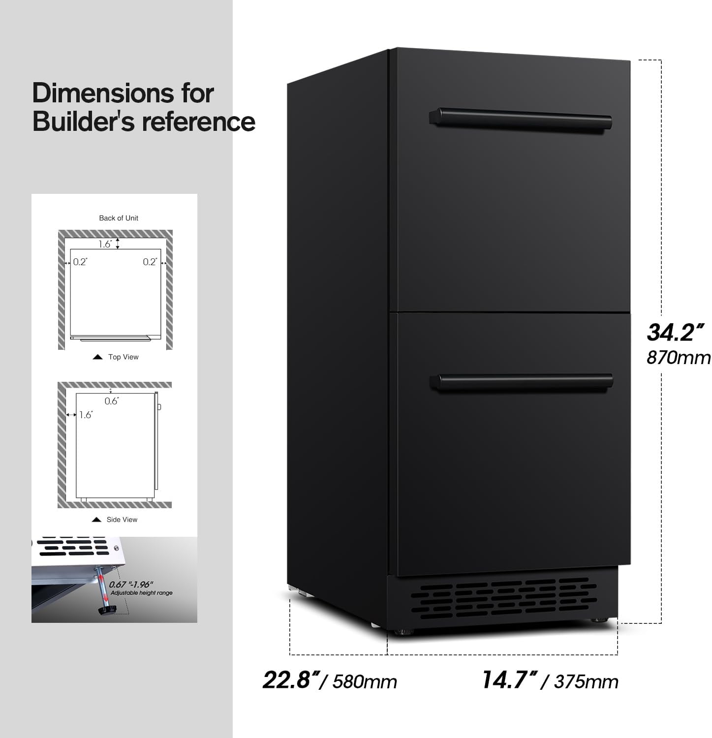 15 inch Double Drawer Drawer Refrigerator Under Counter Beverage Refrigerator, Indoor & Outdoor Fridge for Patio, Kitchen & Bar, Weatherproof, Black