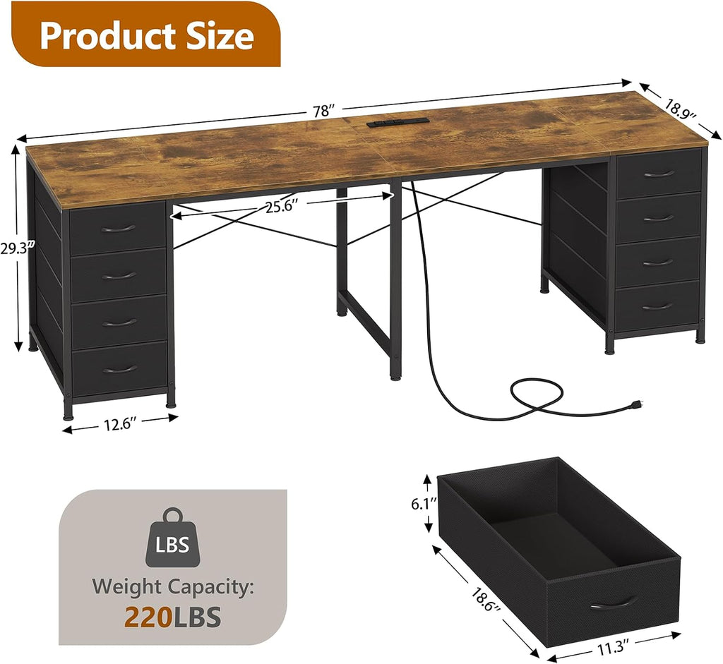 TVU 2 Person Desk with 8 Drawers, Large Home Office Computer Desk with Power Outlets, 78 Inch Long Double Desks for Two People, Rustic Brown
