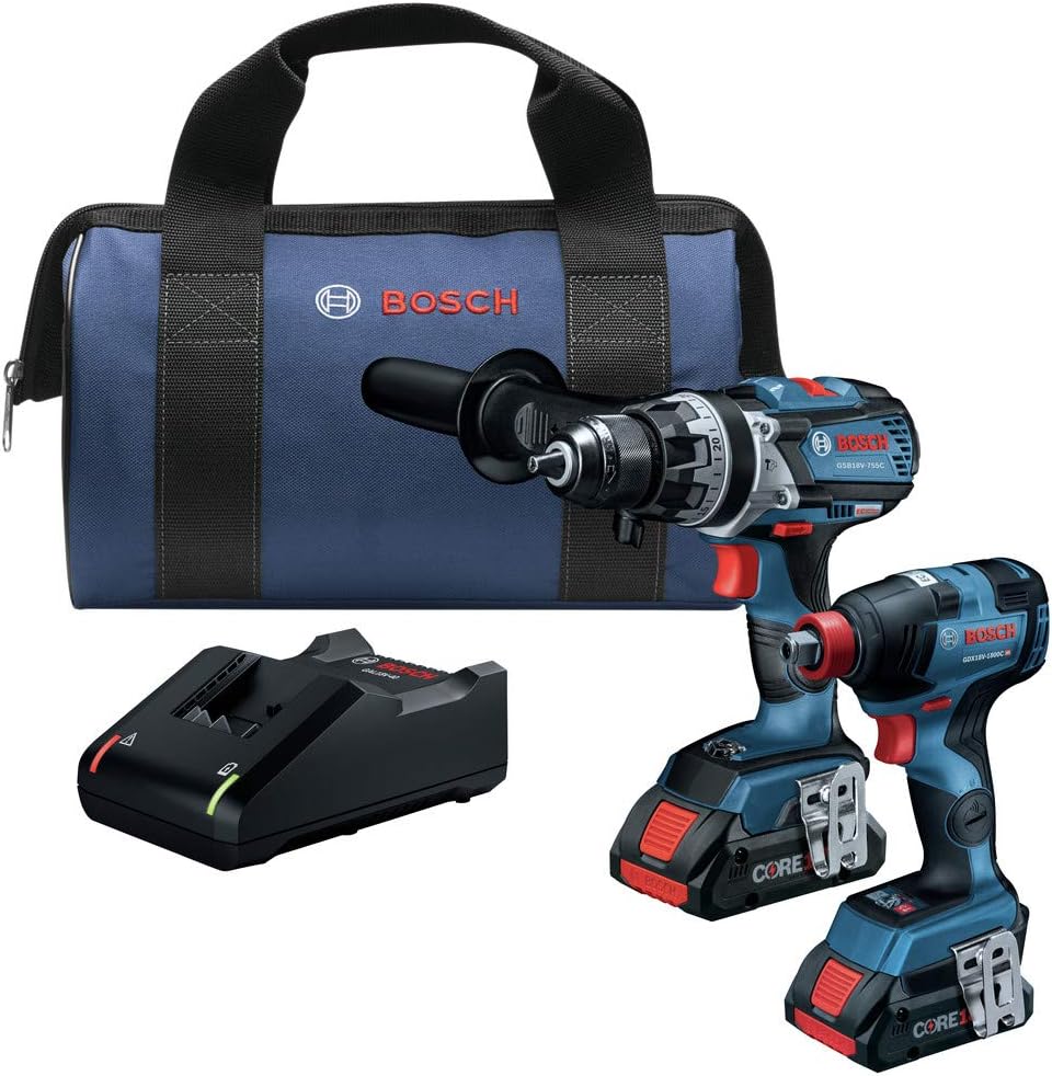 BOSCH GXL18V-224B25 18V 2-Tool Combo Kit with Connected 1/4 In. and 1/2 In. Two-In-One Bit/Socket Impact Driver and Brute Tough 1/2 In. Hammer Drill/Driver