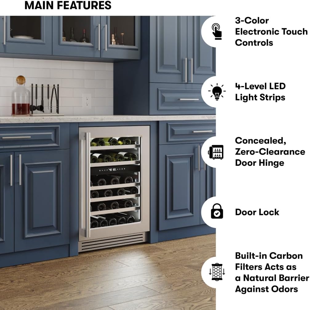 Zephyr Presrv 24 Inch Pro Wine Fridge Dual Zone Under Counter - Pro-Style Design Wine Cooler Cellars Small Cabinet Wine Refrigerator Home Bar Chiller Freestanding Wine Cooler, 45 Bottles 750ml