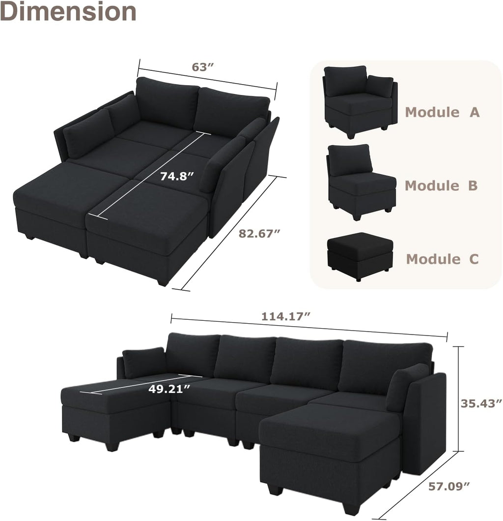Huatean Home 114.17' Modular Sectional Sofa, 6 Seat Sectional Couches with Storage, Memory Foam, Convertible Modular Couch for Living Room, U Shaped Comfy Modular Sofa with Chaise, Black