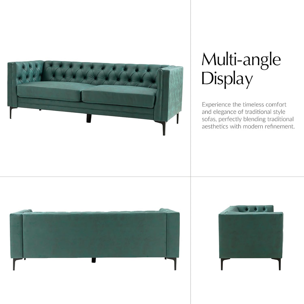 HULALA HOME 84' W Faux Leather Sofa Couch with Metal Legs, Button-Tufted 3-Seater Sofa, Mid Century Modern Contemporary Upholstered Couch for Living Room, Entertainment Area, Apartment,Green