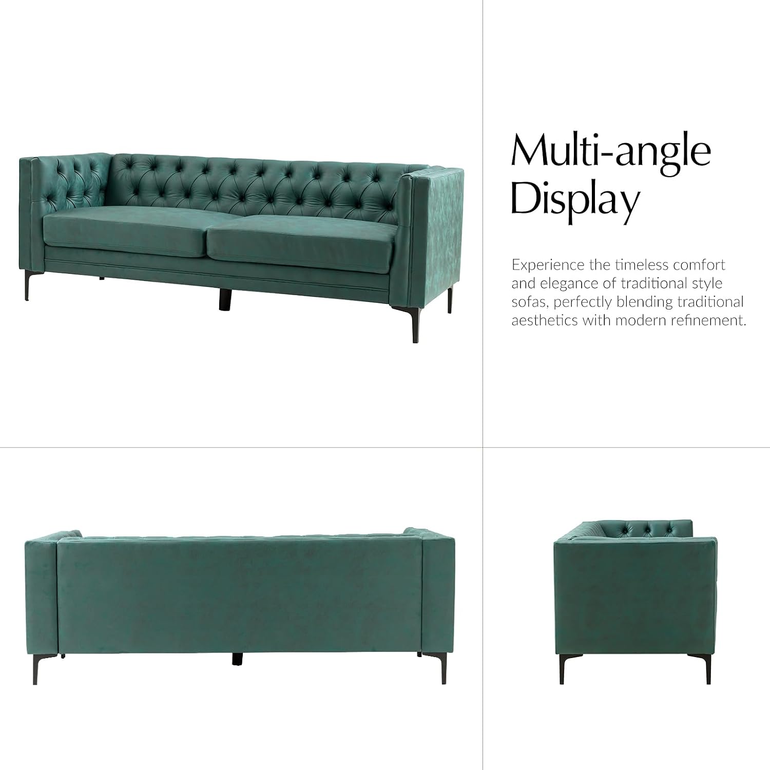 HULALA HOME 84' W Faux Leather Sofa Couch with Metal Legs, Button-Tufted 3-Seater Sofa, Mid Century Modern Contemporary Upholstered Couch for Living Room, Entertainment Area, Apartment,Green