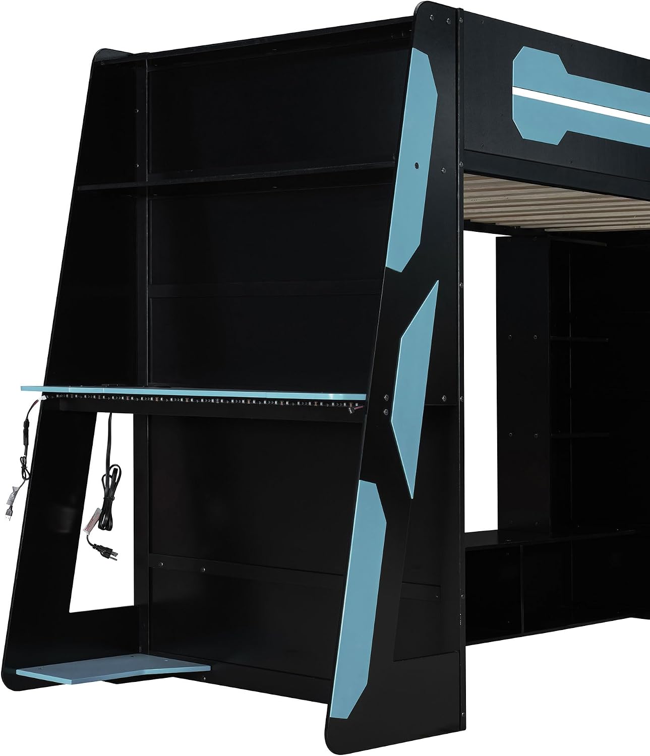 LUMISOL Twin Size Gaming Loft Bed with Desk, RGB LED Lights & Charging Stations, Wood Loft Bed Frame with Storage Bookshelves for Kids, Teens & Adults, Blue + Black