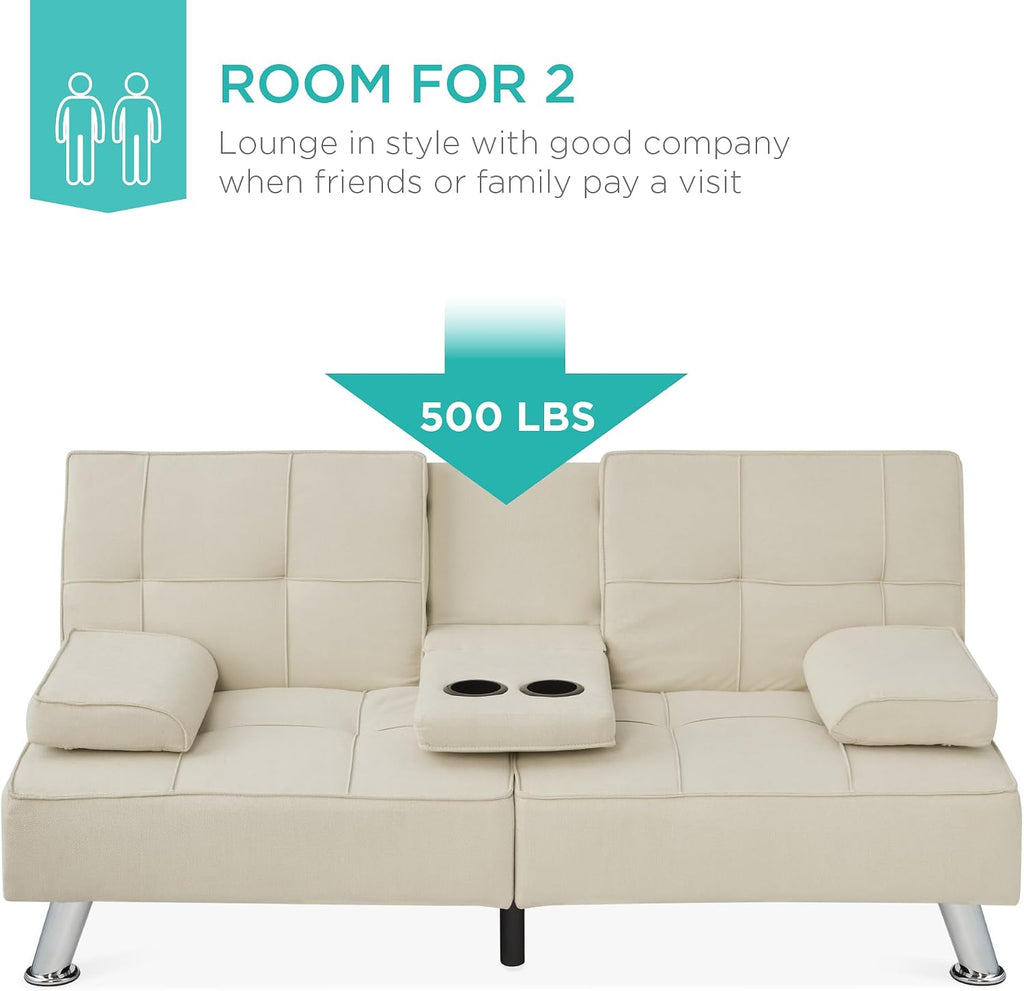 Best Choice Products Linen Modern Folding Futon, Reclining Sofa Bed for Apartment, Dorm w/Removable Armrests, 2 Cupholders - Ivory
