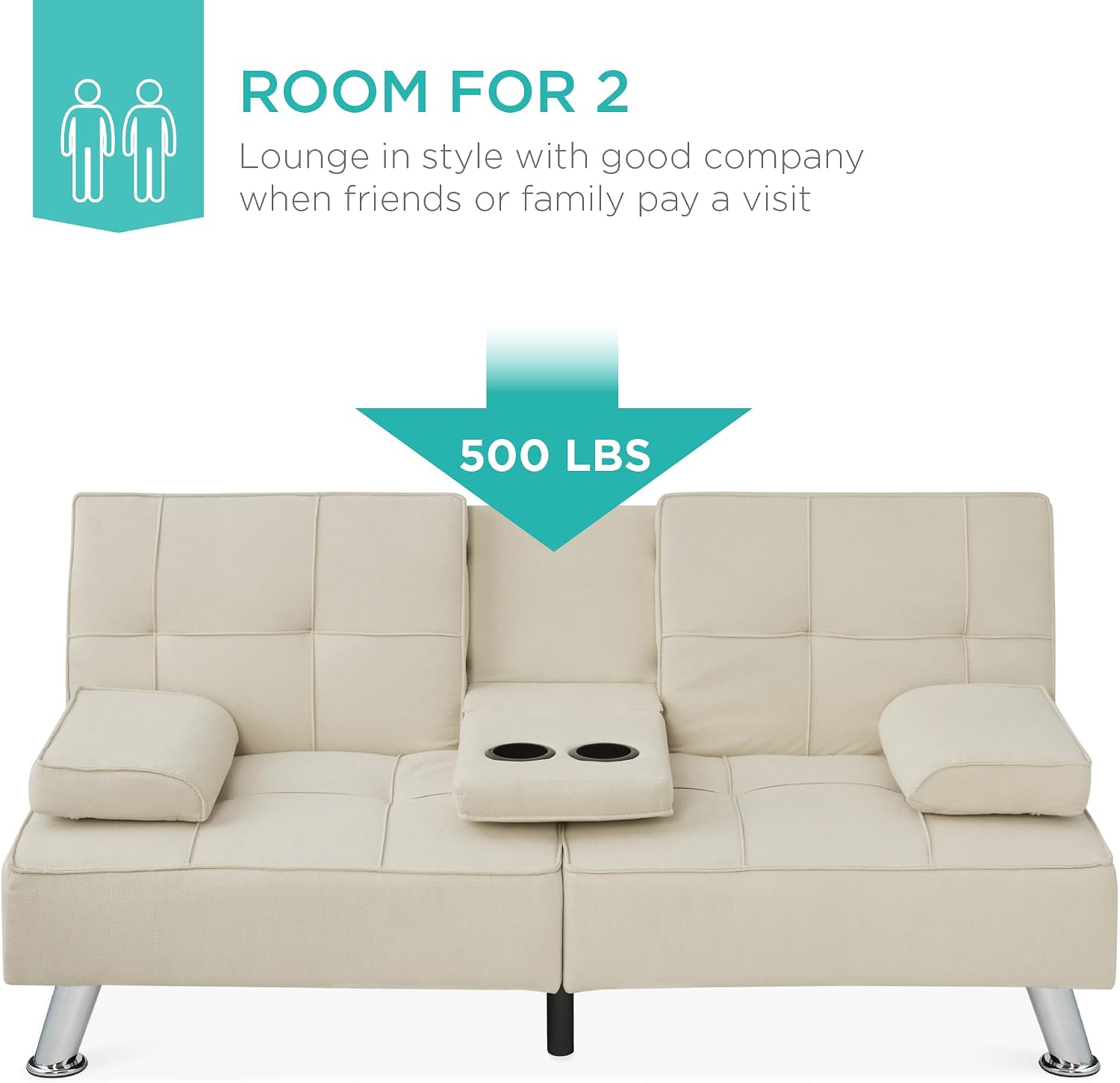 Best Choice Products Linen Modern Folding Futon, Reclining Sofa Bed for Apartment, Dorm w/Removable Armrests, 2 Cupholders - Ivory