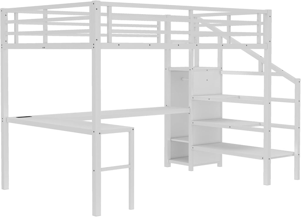 Metal Queen Size Loft Bed with Desk and Stairs,Heavy Duty Loft Bed Frame with Wardrobe and LED Lights for Adults,Teens,Kids,Space Saving,Queen Size,White