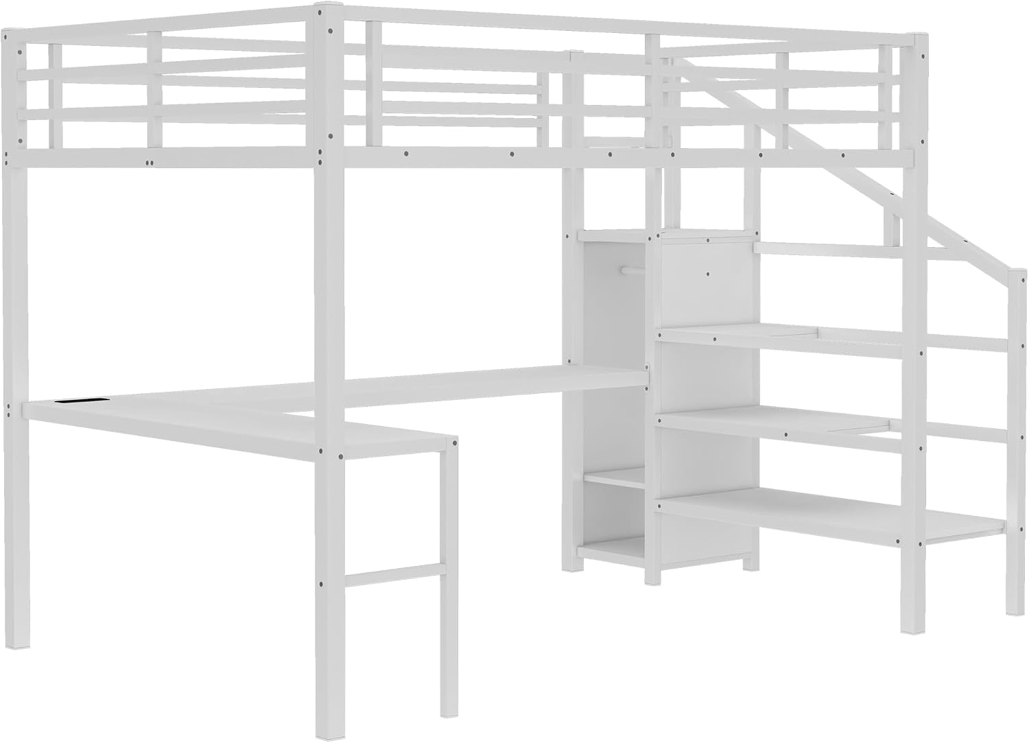 Metal Queen Size Loft Bed with Desk and Stairs,Heavy Duty Loft Bed Frame with Wardrobe and LED Lights for Adults,Teens,Kids,Space Saving,Queen Size,White