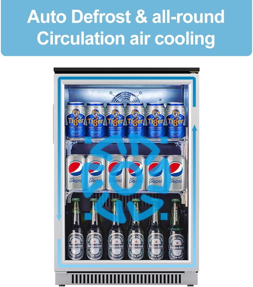 Weili 20 Inch Built in Beverage Fridge with Glass Door, 120 Can Under Counter Soda Beer Drink Refrigerator with Blue LED Light for Home Office or Bar, 36-50°F Auto Defrost