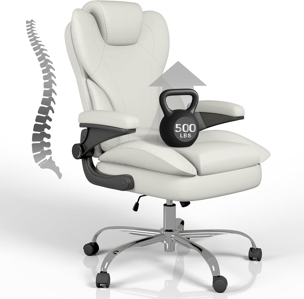 Office Desk Chair, Executive Leather Office Chair, High Back Ergonomic Home Desk Chair with Padded Flip-up Arms, Big and Tall Computer Chair with Rocking Function, 360°Swivel Free, White