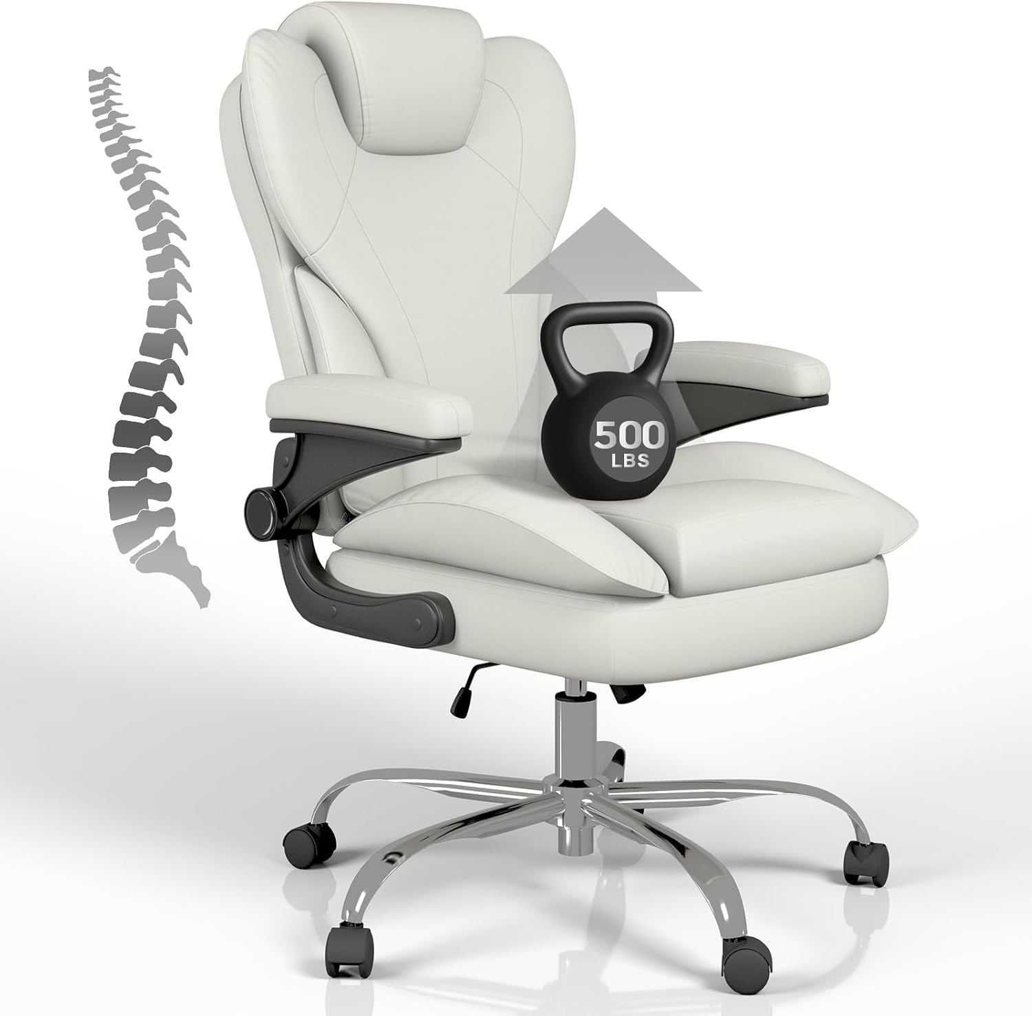 Office Desk Chair, Executive Leather Office Chair, High Back Ergonomic Home Desk Chair with Padded Flip-up Arms, Big and Tall Computer Chair with Rocking Function, 360°Swivel Free, White
