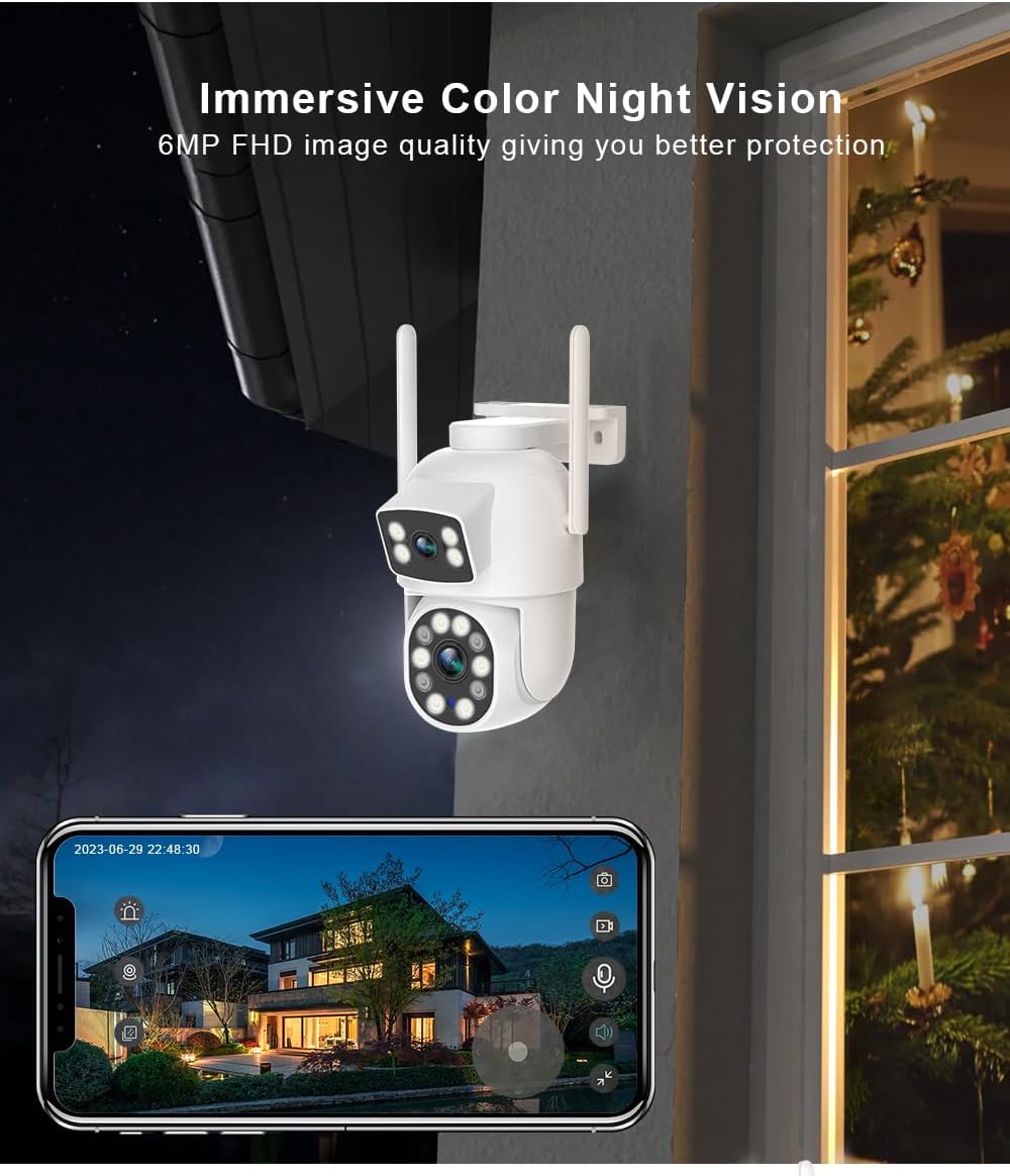 EVERSECU Dual Lens Linkage 6MP WiFi PTZ Security Camera Outdoor, 360° View, Auto Tracking, Motion Detection, Color Night Vision, 2-Way Audio, Compatible with Alexa(4pack)