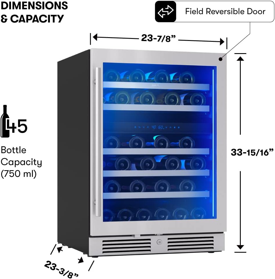 Zephyr Presrv 24' Wine Fridge Dual Zone Under Counter - Countertop Mini Wine Cooler Cellars Small Cabinet Wine Refrigerator Home Bar Chiller Freestanding with Glass Door, 45 Bottles 750ml