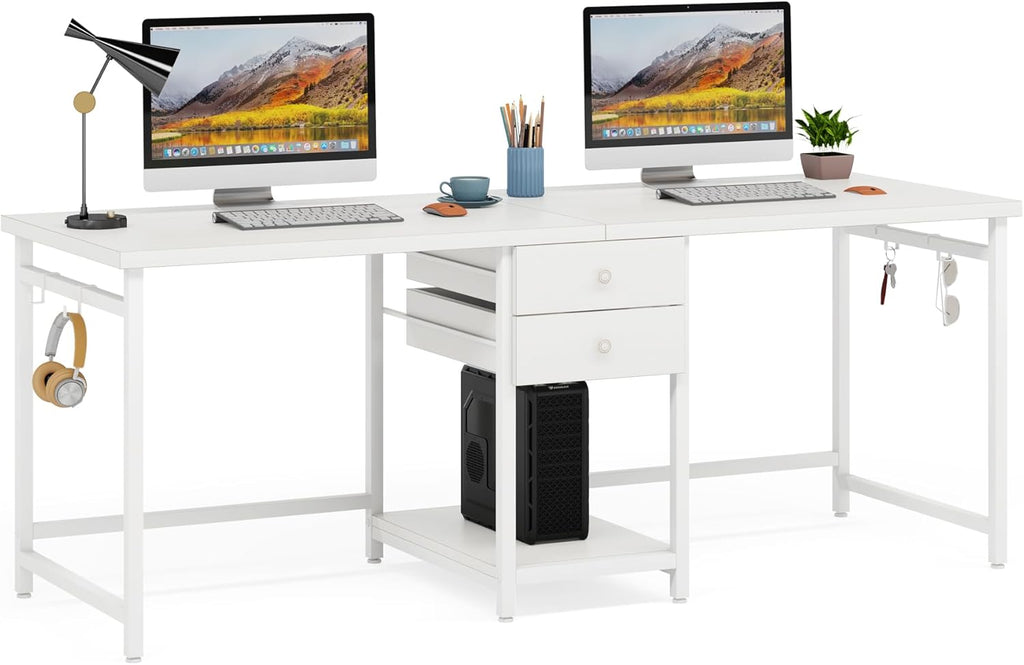 Tribesigns 79 Inch Extra Long Double Desk with 2 Drawers, Two Person Computer Desk with Storage Shelves, Writing Table Study Desk for Home Office, White