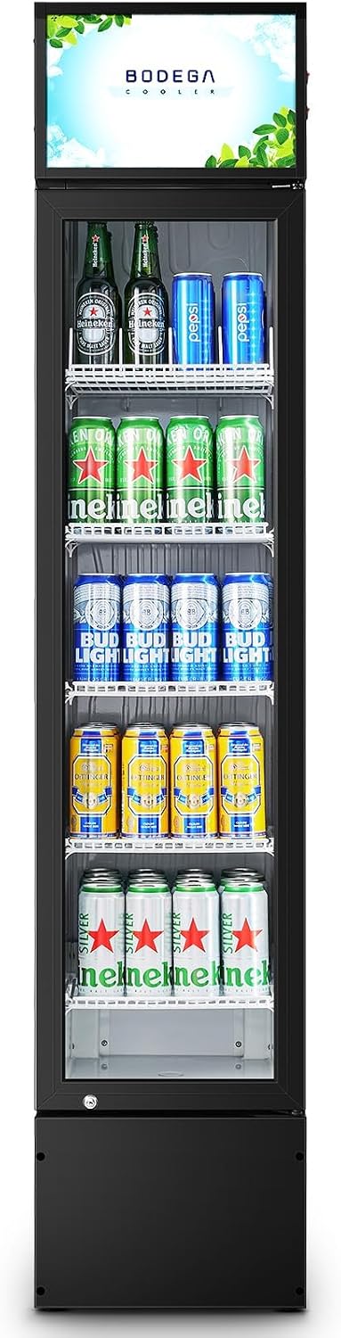 BODEGACOOLER Commercial Merchandiser Refrigerator, 5.7 Cu.Ft Single Swing Glass Door Beverage Cooler, Upright Display Refrigerator with Soft LED Light, Adjustable Shelves, Black