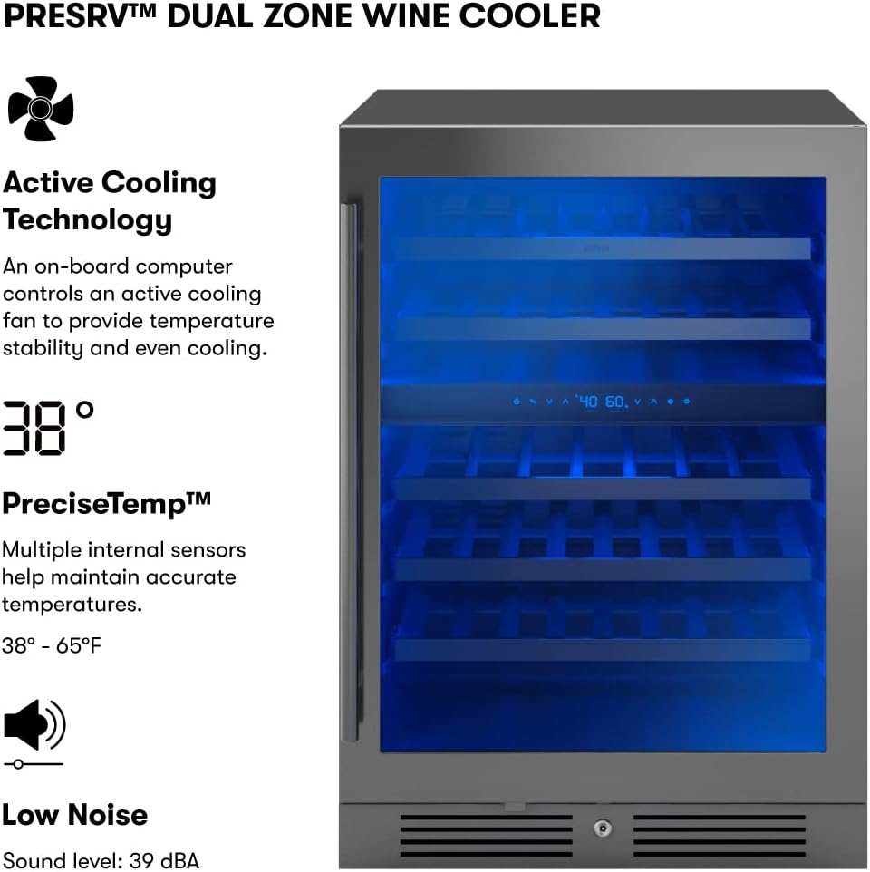 Zephyr Presrv 24' Wine Fridge Dual Zone Under Counter - Countertop Mini Wine Cooler Cellars Small Cabinet Wine Refrigerator Home Bar Chiller Freestanding with Glass Door Black, 45 Bottles 750ml
