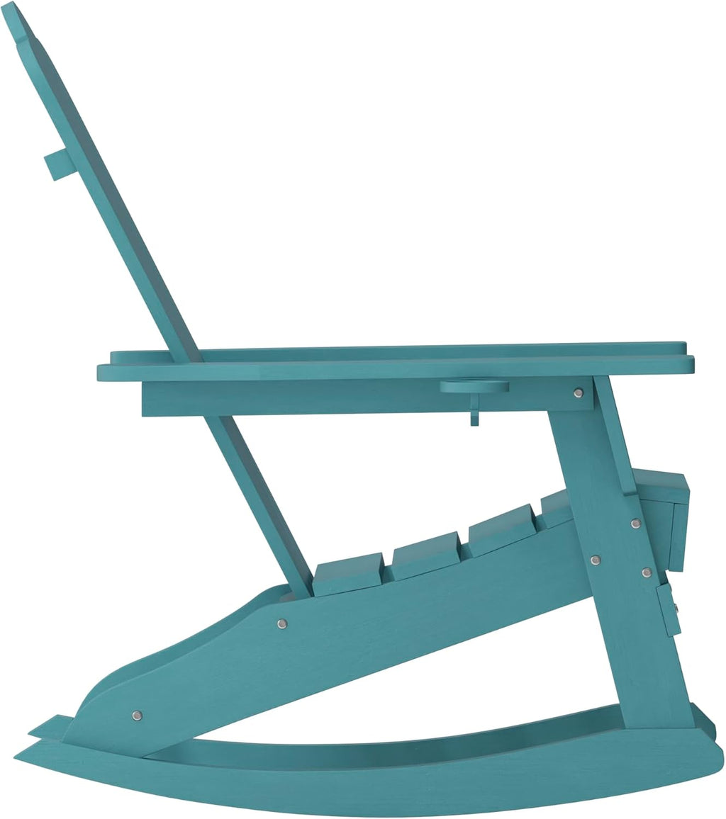 EMMA + OLIVER Tiverton Adirondack Rocking Chair with Cup Holder, Weather Resistant Poly Resin Adirondack Rocking Chair, Blue