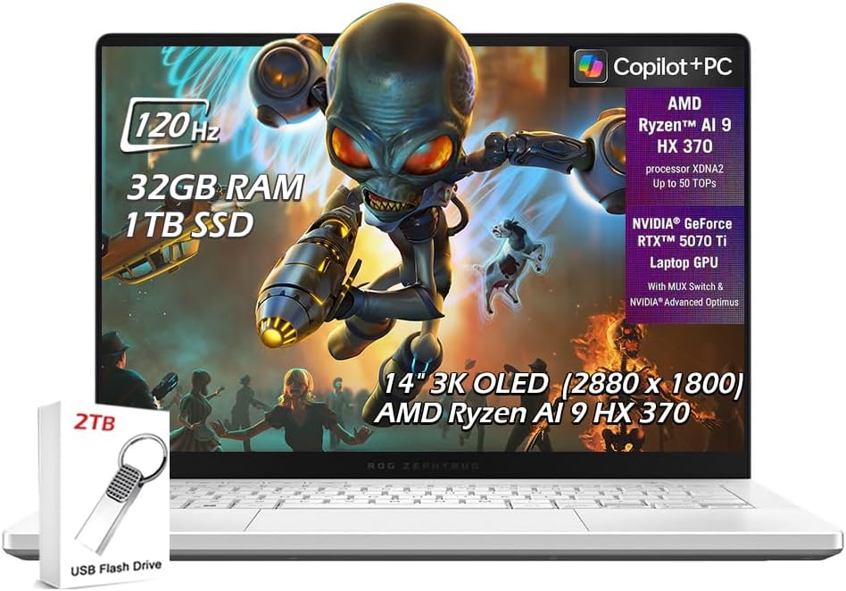 ASUS ROG Zephyrus G14 14' 3K OLED 120Hz OLED Copilot+ Gaming Laptop, AMD Ryzen AI 9 HX 370, 32GB RAM, 1TB SSD, NVIDIA GeForce RTX 5070 Ti 12GB, WiFi7, Win11, Platinum White, w/2TB USB Drive, W/GaLiMu