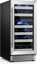 Wine Fridge Freestanding,15 Inch Wine Cooler Under Counter,28 Bottle Built-in Dual Zone Wine Refrigerator with Stainless Steel Reversible Door for Home and Kitchen