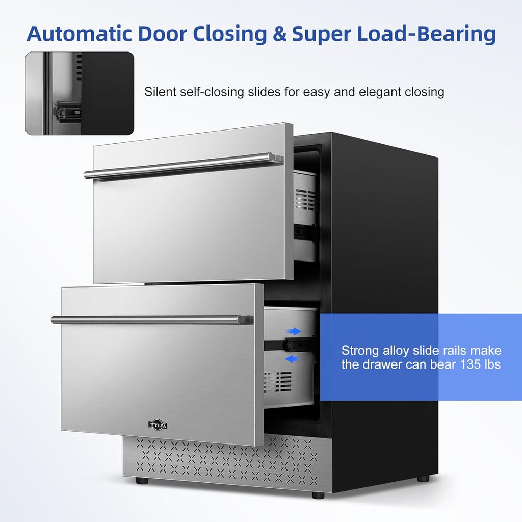 Tylza 24 Inch Under Counter Drawer Fridge, Built-in Beverage Refrigerator for Home and Commercial Use, Stainless Steel Door, Fast Cooling, Low Noise, 37-65 °F