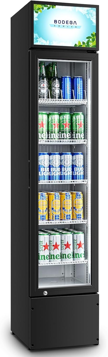 BODEGACOOLER Commercial Merchandiser Refrigerator, 5.7 Cu.Ft Single Swing Glass Door Beverage Cooler, Upright Display Refrigerator with Soft LED Light, Adjustable Shelves, Black