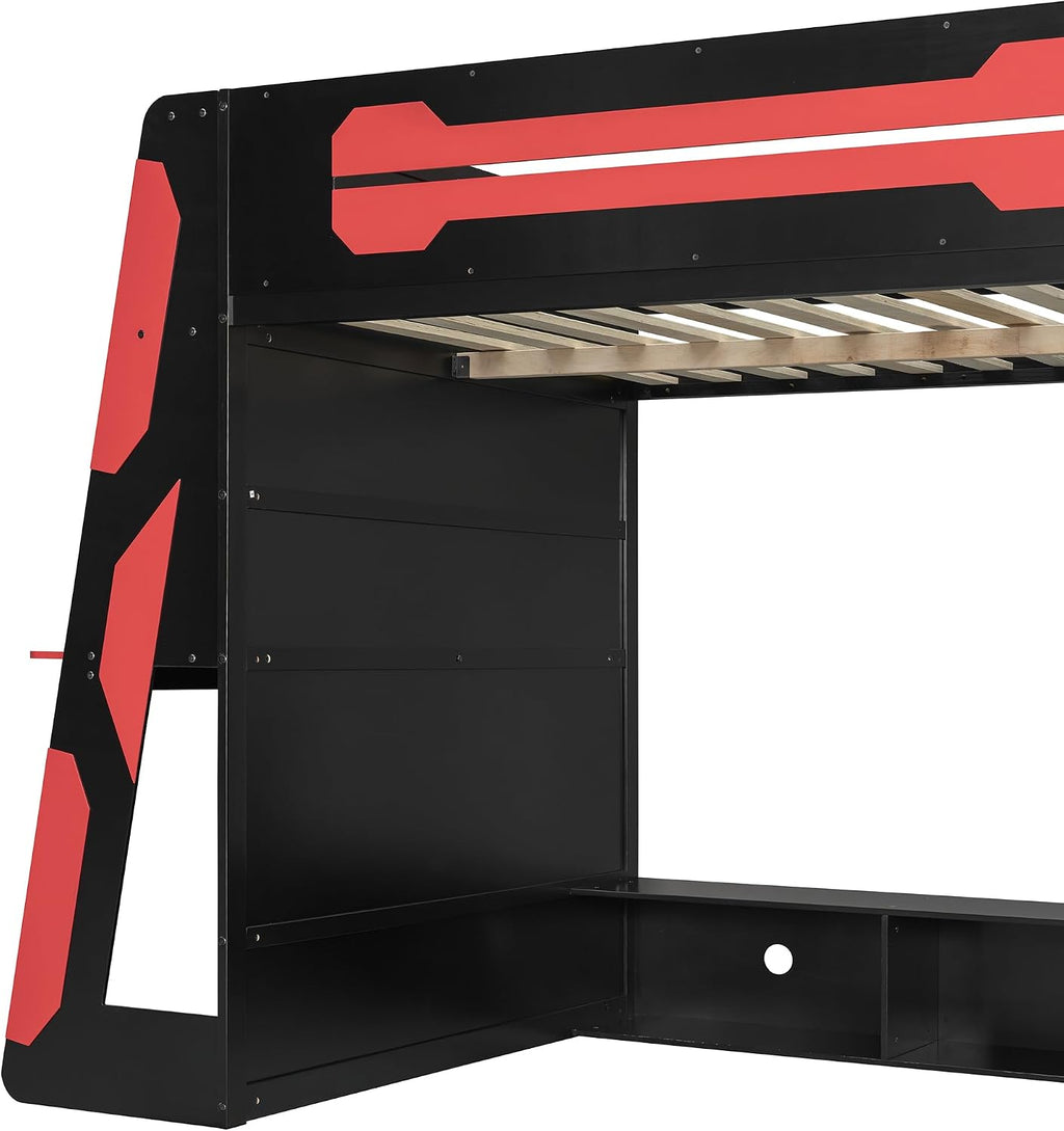 LUMISOL Full Size Gaming Loft Bed with Desk, Multi-Storage Shelves, RGB LED Lights & Built-in Charging Stations for Teens & Adults, Heavy Duty Support, Red Black
