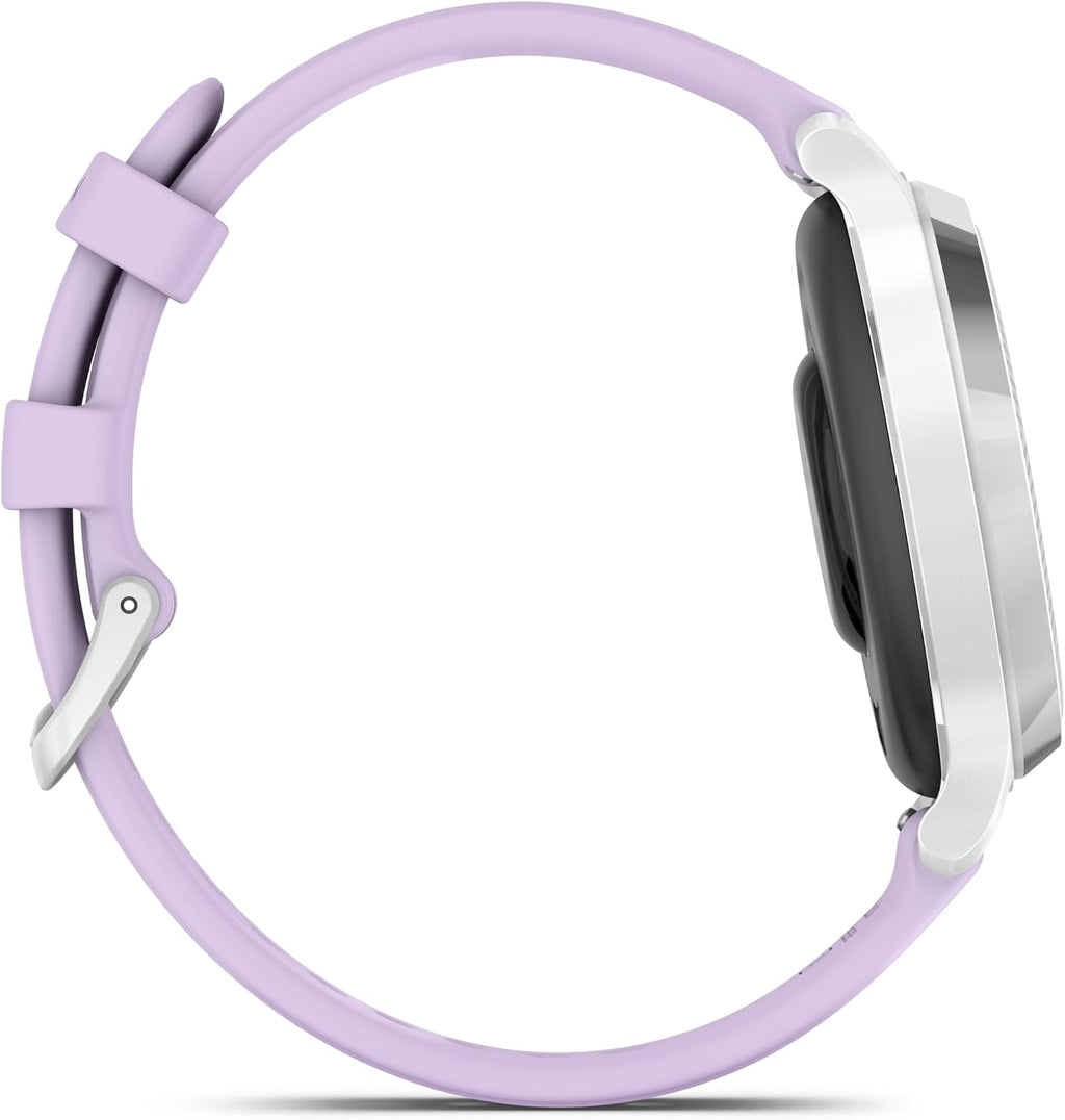 Garmin Lily 2 Active, Silver with Purple Jasmine Silicone Band, Small and Stylish Smartwatch, Built-in GPS, Hidden Display, Patterned Lens, Up to 9 Days Battery Life Power Bank Bundle